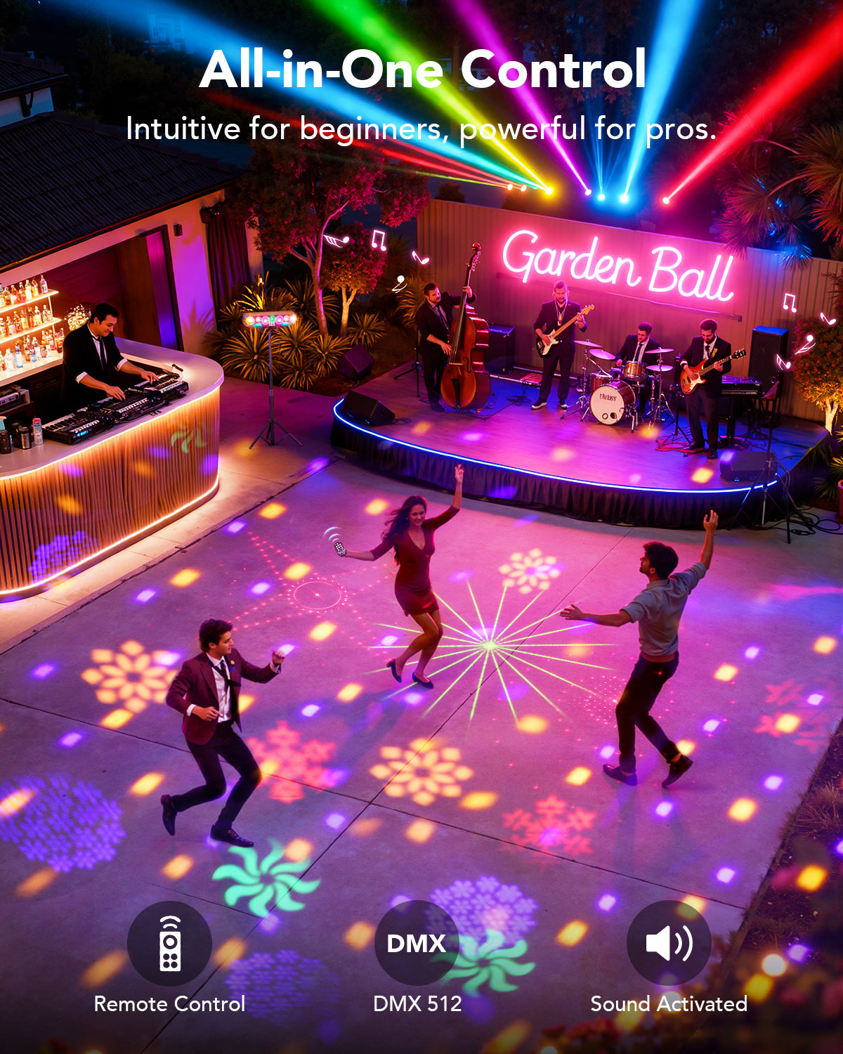Ehaho 7-in-1 Disco Lights with Stand | Sound Activated & DMX512 Stage Lighting, RGB+UV Strobe, Rotating Snowflake Effects for Bar, Club, Wedding, Rave