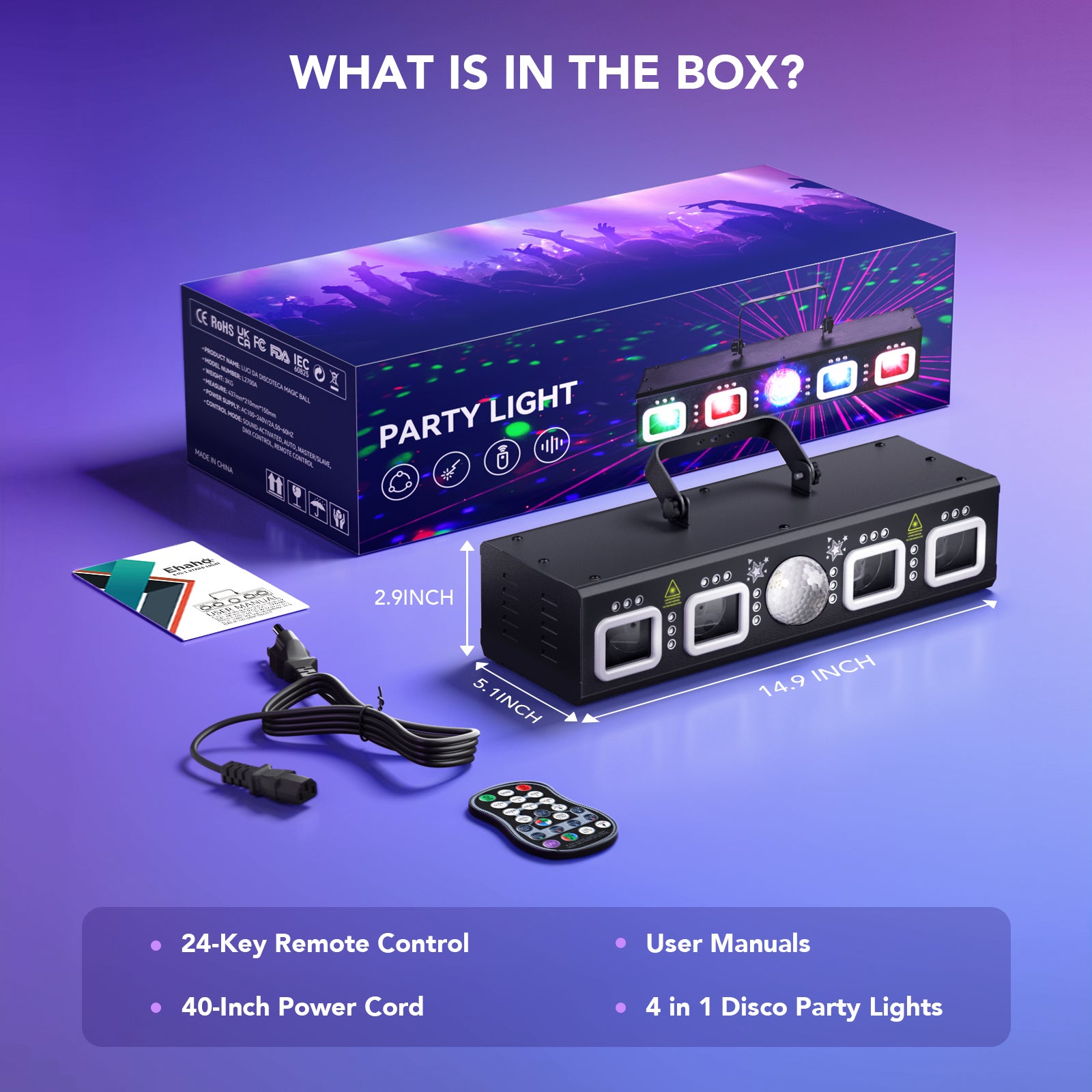 Ehaho L2500 4-in-1 Disco Lights, DMX Sound Activated Stage Light with RGB & UV Strobe, Rotating Snowflake Effects for DJ Party Bar Club