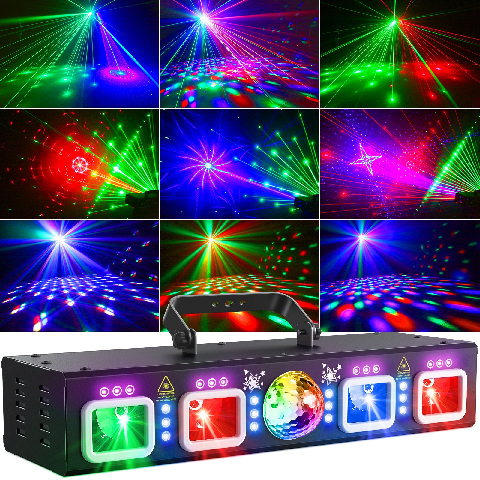 Ehaho L2500 4-in-1 Disco Lights, DMX Sound Activated Stage Light with RGB & UV Strobe, Rotating Snowflake Effects for DJ Party Bar Club