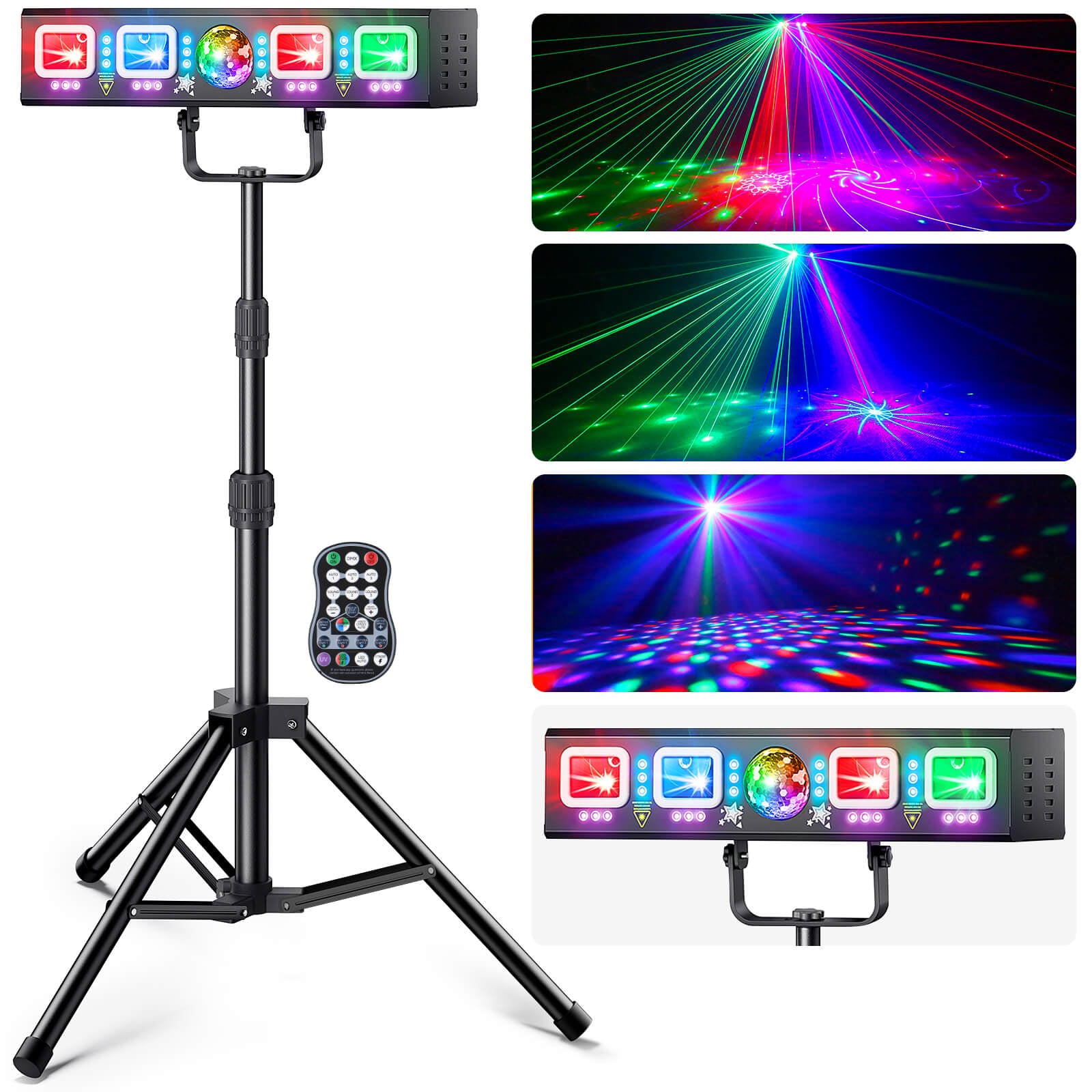 Ehaho L2500 4 in 1 Disco Lights with Stand | Sound Activated Disco Lighting Kit, RGB & UV Strobe, Rotating Snowflake Effects, DMX512 | Adjustable Tripod for Party, Bar, Club, Wedding