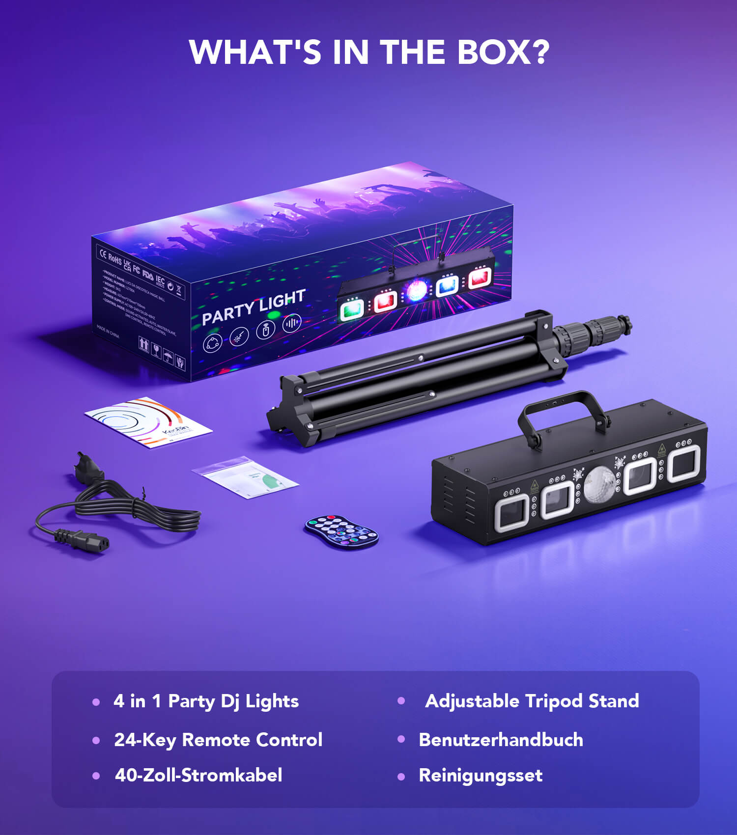 Ehaho L2500 4 in 1 Disco Lights with Stand | Sound Activated Disco Lighting Kit, RGB & UV Strobe, Rotating Snowflake Effects, DMX512 | Adjustable Tripod for Party, Bar, Club, Wedding