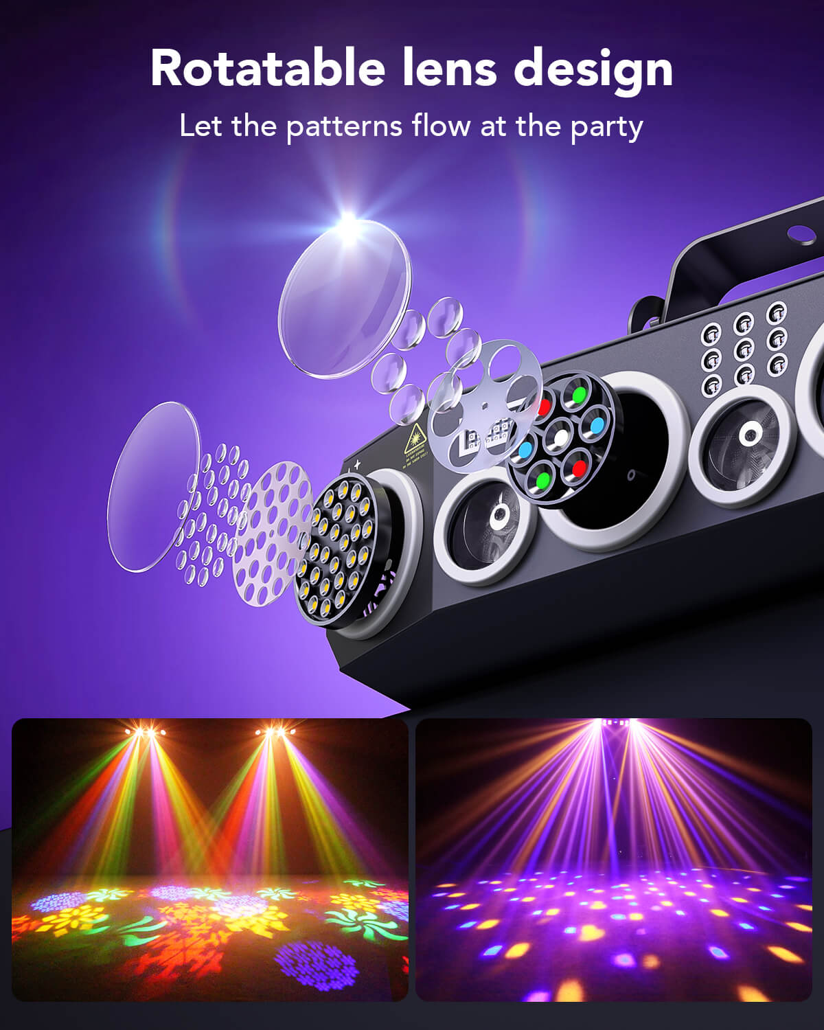 Ehaho 7-in-1 Disco Lights, DMX Sound Activated Stage Light with Rotating Disco Ball Effect, RGB+UV Strobe for Party Club