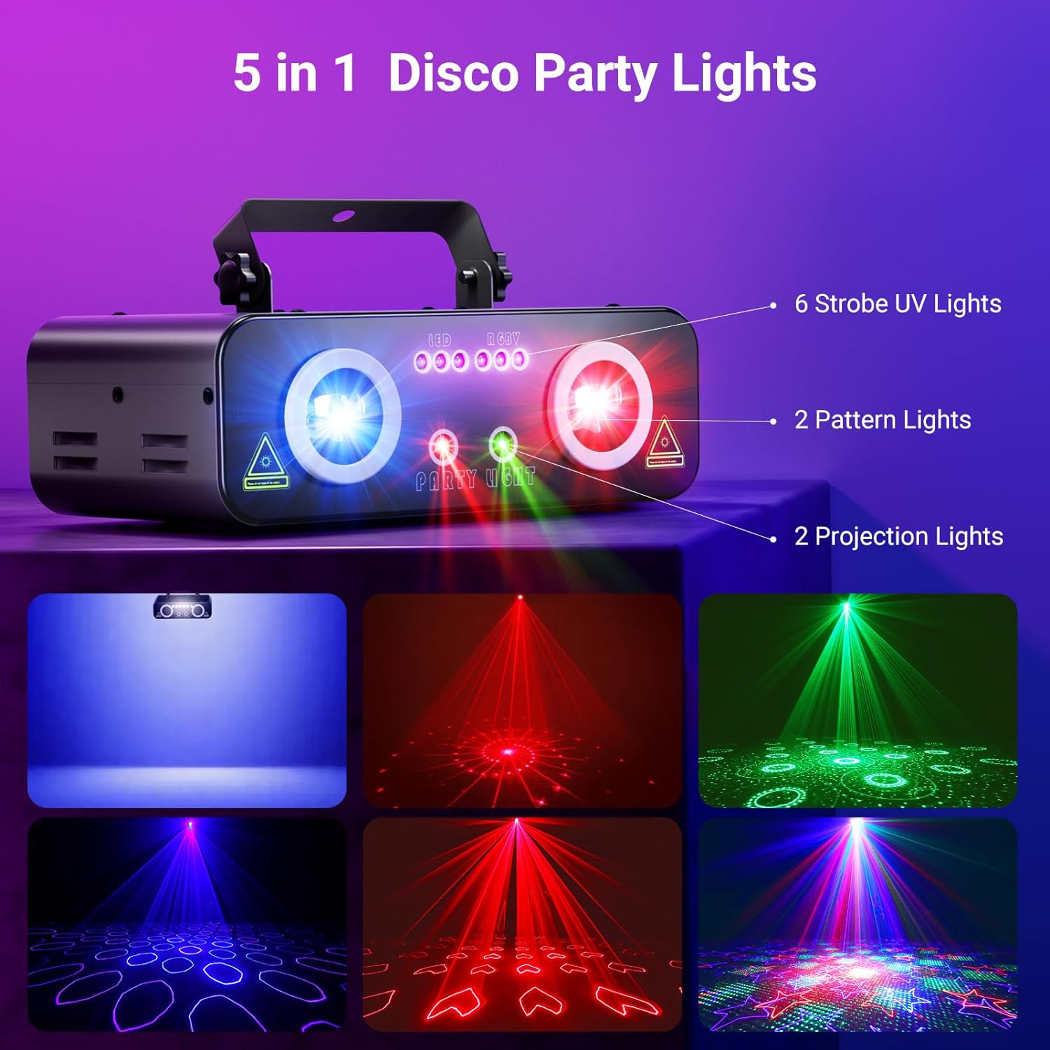 Ehaho L2800 Dual-Lens Disco Stage Lighting System, 5-in-1 RGB+UV Strobe & 3D Pattern Projector, Sound Activated DMX Lights for DJ, Party, Halloween, Event