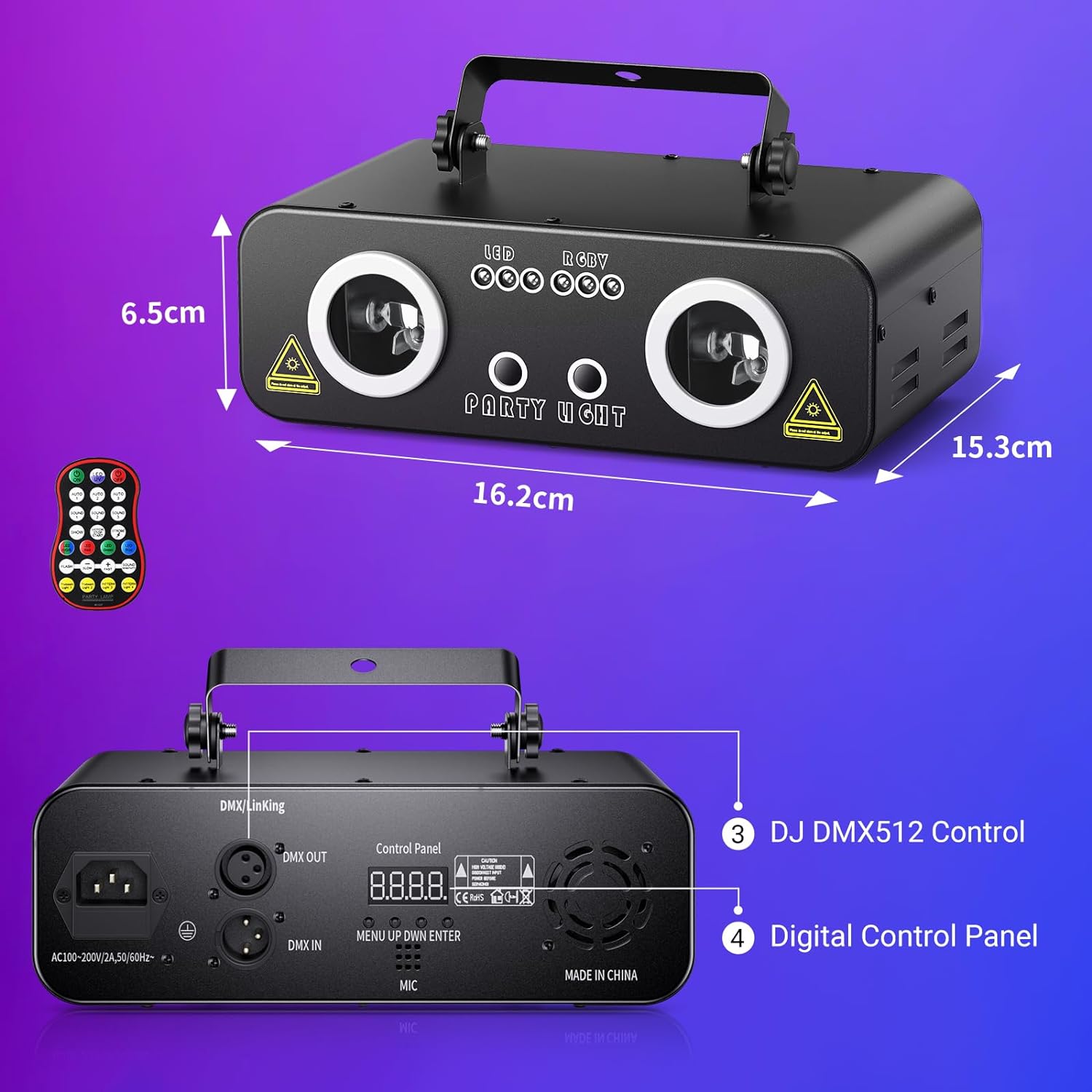 Ehaho L2800 Dual-Lens Disco Stage Lighting System, 5-in-1 RGB+UV Strobe & 3D Pattern Projector, Sound Activated DMX Lights for DJ, Party, Halloween, Event