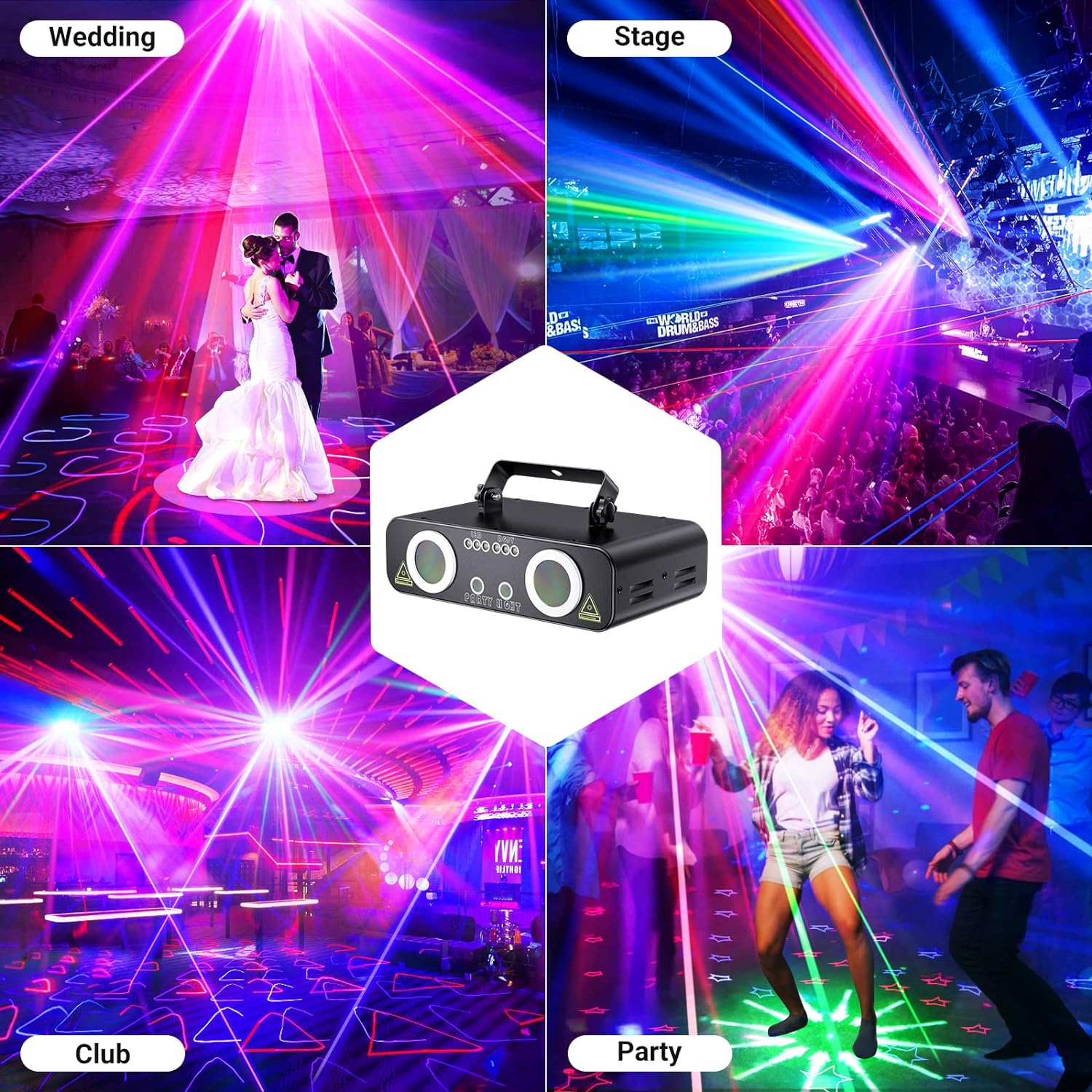 Ehaho L2800 Dual-Lens Disco Stage Lighting System, 5-in-1 RGB+UV Strobe & 3D Pattern Projector, Sound Activated DMX Lights for DJ, Party, Halloween, Event