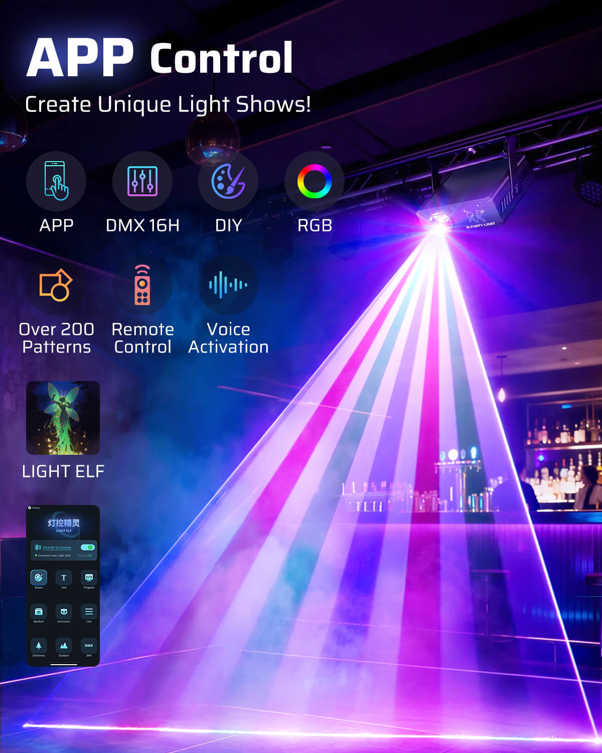 Ehaho 2400-002 APP Disco Lights Professional - 200+ 3D RGB Animation Beam Light Show, Hand Drawing, Custom Patterns, Sound Actived & DMX Sync for Party, Stage, Club