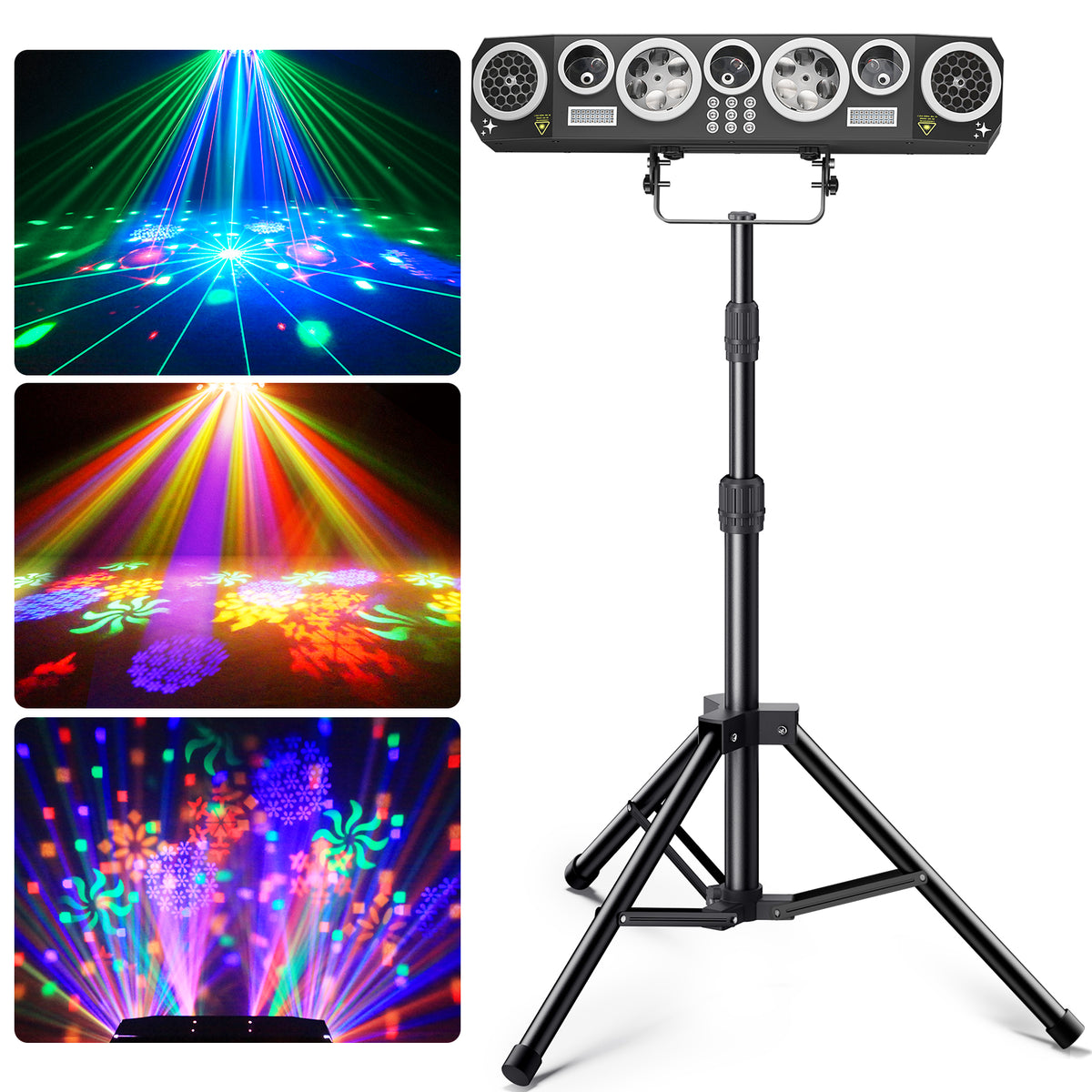 Ehaho 7-in-1 Disco Lights with Stand | Sound Activated & DMX512 Stage Lighting, RGB+UV Strobe, Rotating Snowflake Effects for Bar, Club, Wedding, Rave