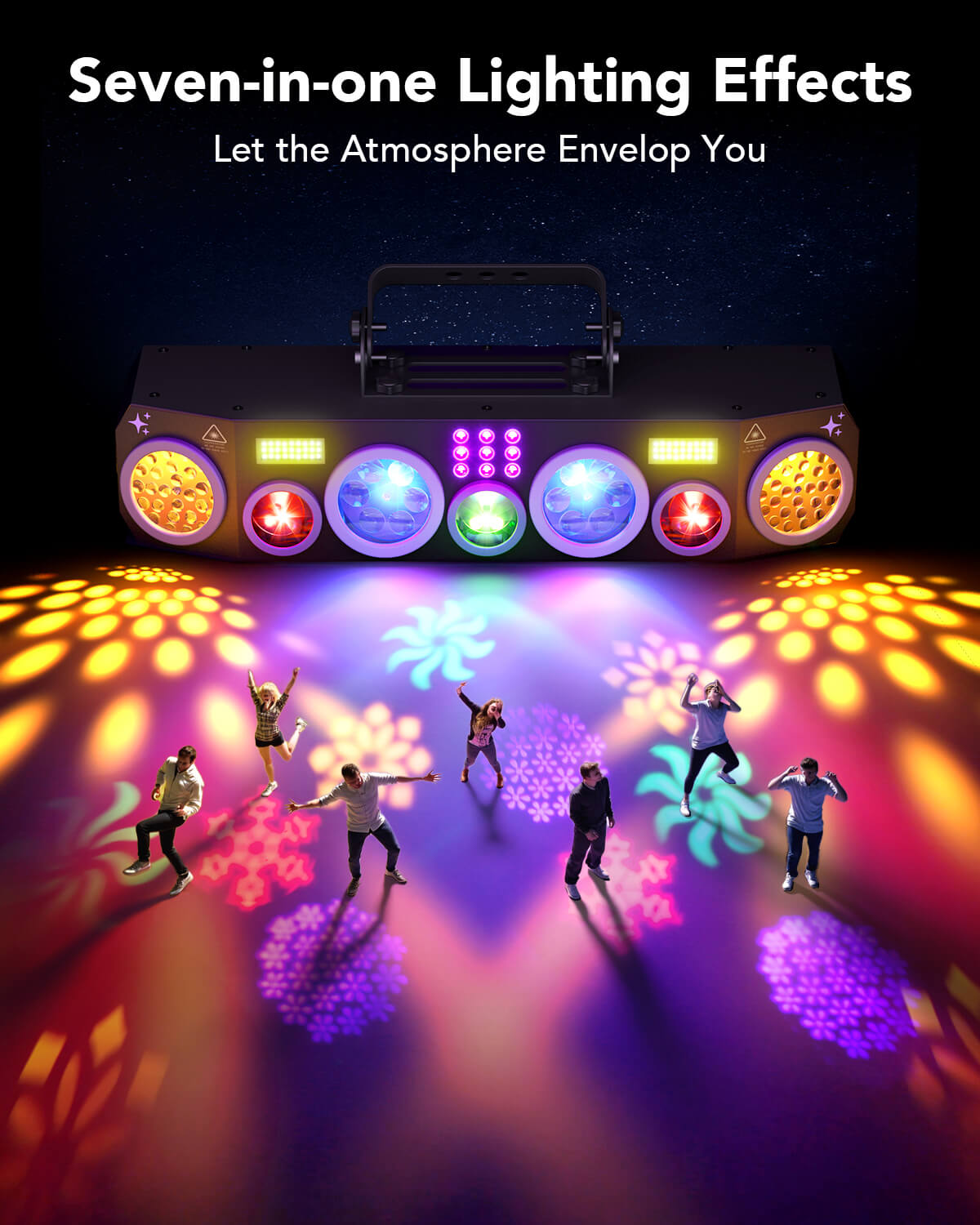 Ehaho 7-in-1 Disco Lights, DMX Sound Activated Stage Light with Rotating Disco Ball Effect, RGB+UV Strobe for Party Club